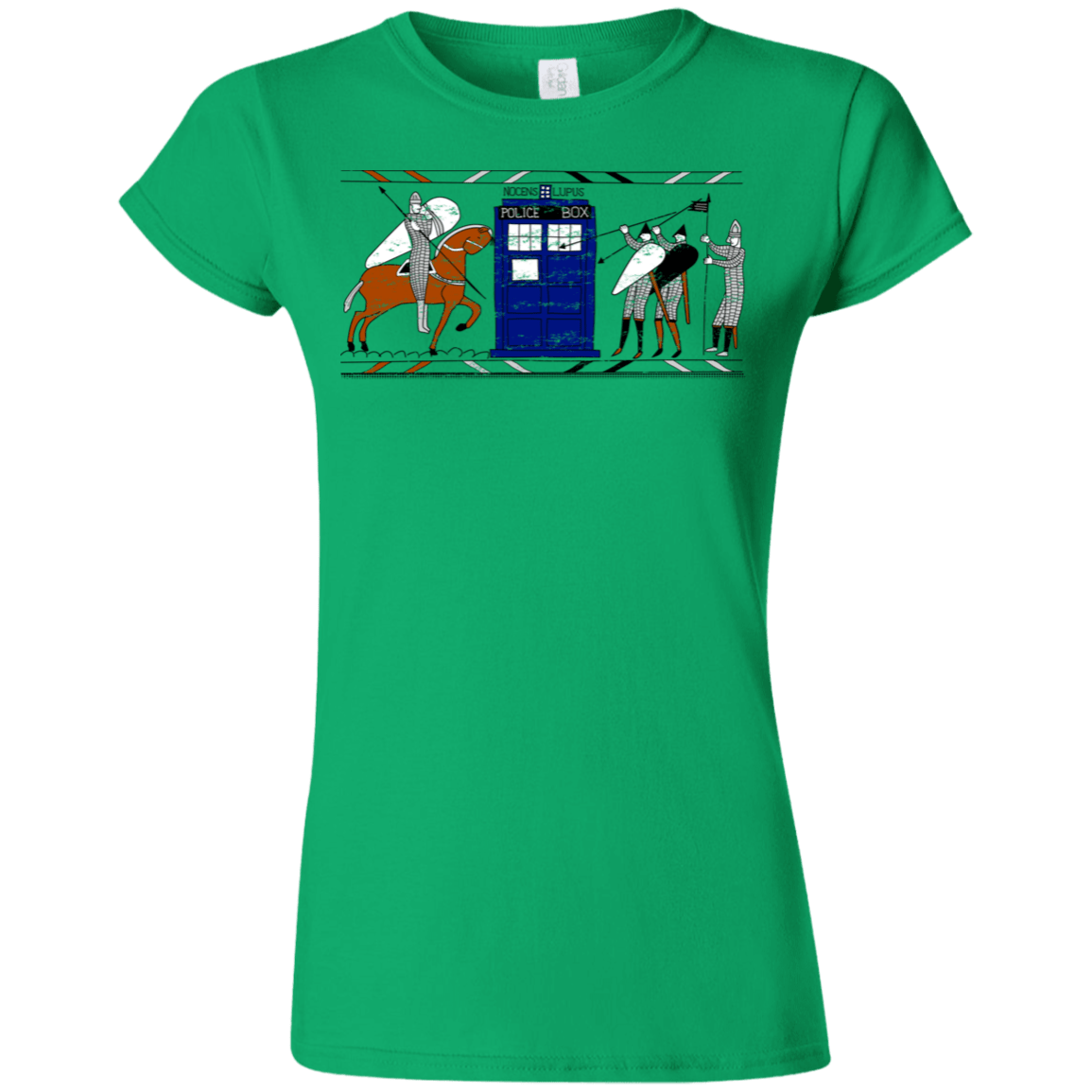 T-Shirts Irish Green / S Nocens Lupus Tardis in the Bayeux Tapestry Junior Slimmer-Fit T-Shirt