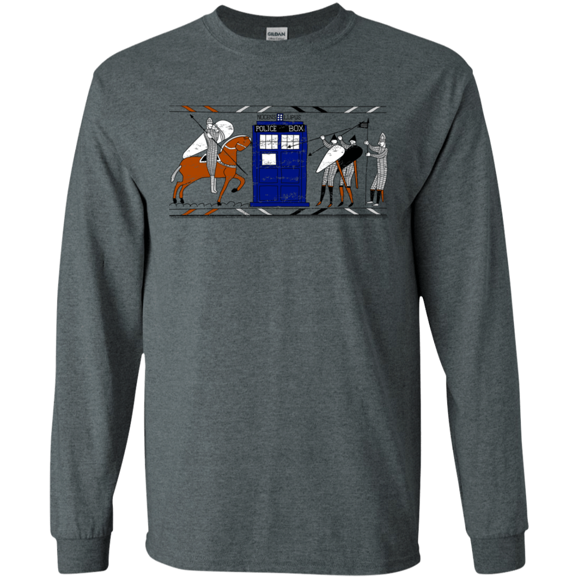 T-Shirts Dark Heather / S Nocens Lupus Tardis in the Bayeux Tapestry Men's Long Sleeve T-Shirt