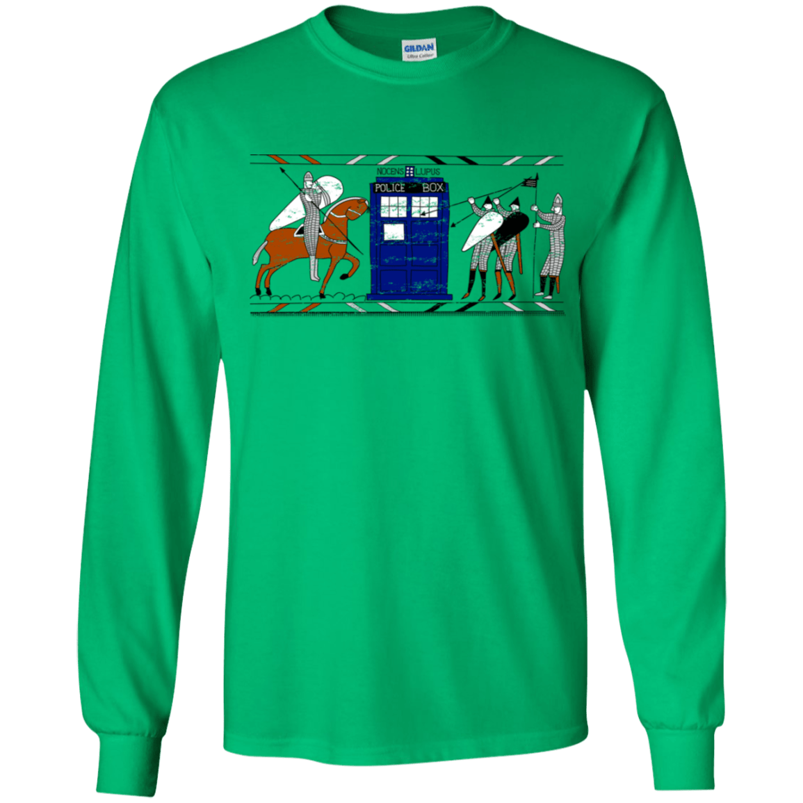 T-Shirts Irish Green / YS Nocens Lupus Tardis in the Bayeux Tapestry Youth Long Sleeve T-Shirt
