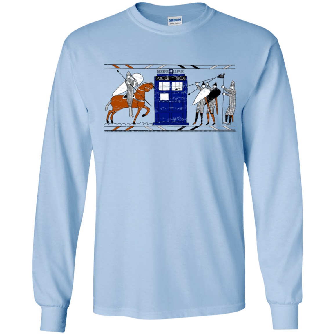 T-Shirts Light Blue / YS Nocens Lupus Tardis in the Bayeux Tapestry Youth Long Sleeve T-Shirt