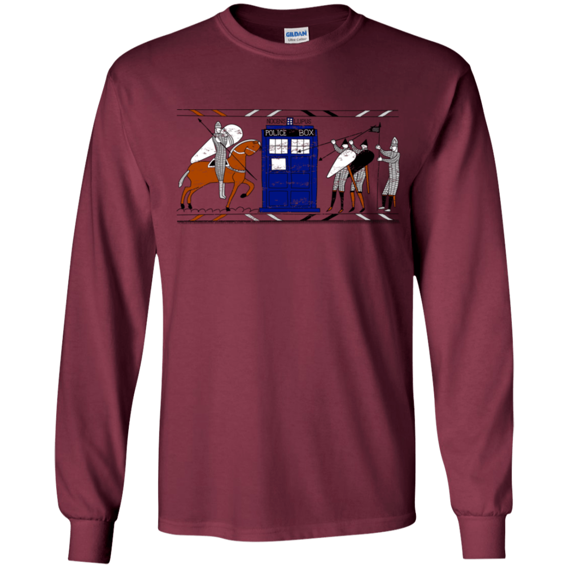 T-Shirts Maroon / YS Nocens Lupus Tardis in the Bayeux Tapestry Youth Long Sleeve T-Shirt