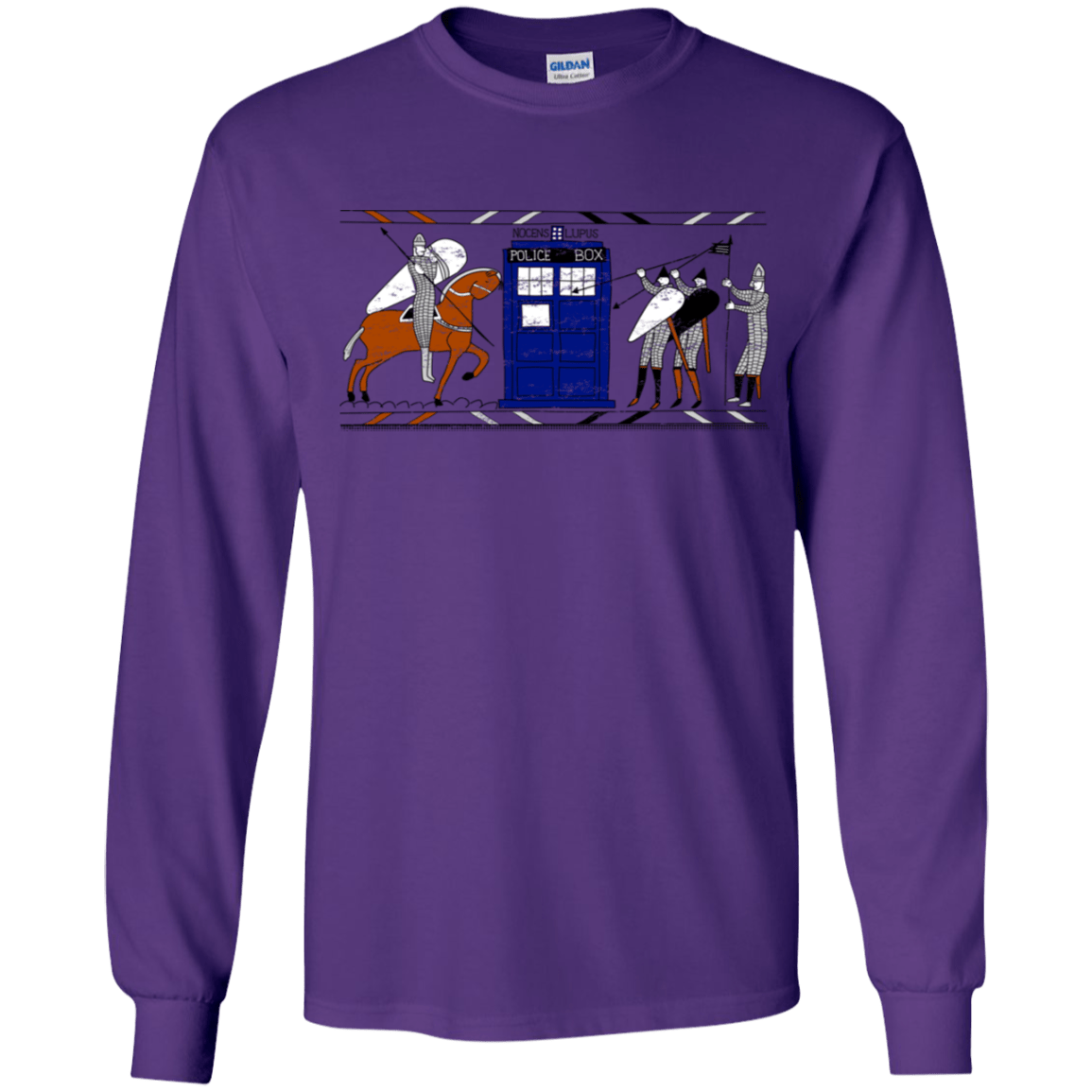 T-Shirts Purple / YS Nocens Lupus Tardis in the Bayeux Tapestry Youth Long Sleeve T-Shirt