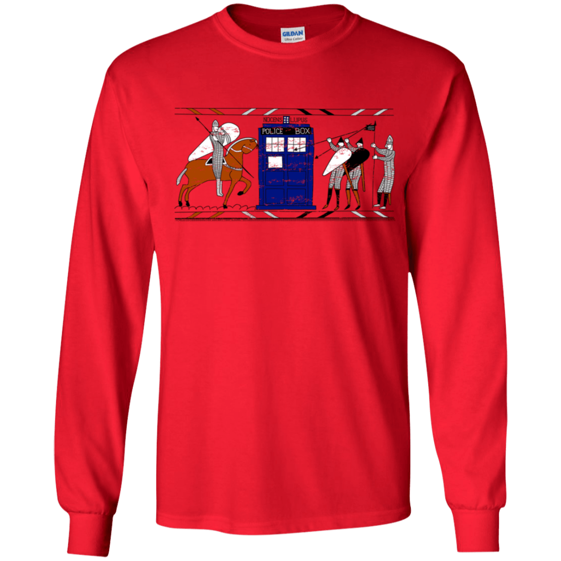 T-Shirts Red / YS Nocens Lupus Tardis in the Bayeux Tapestry Youth Long Sleeve T-Shirt
