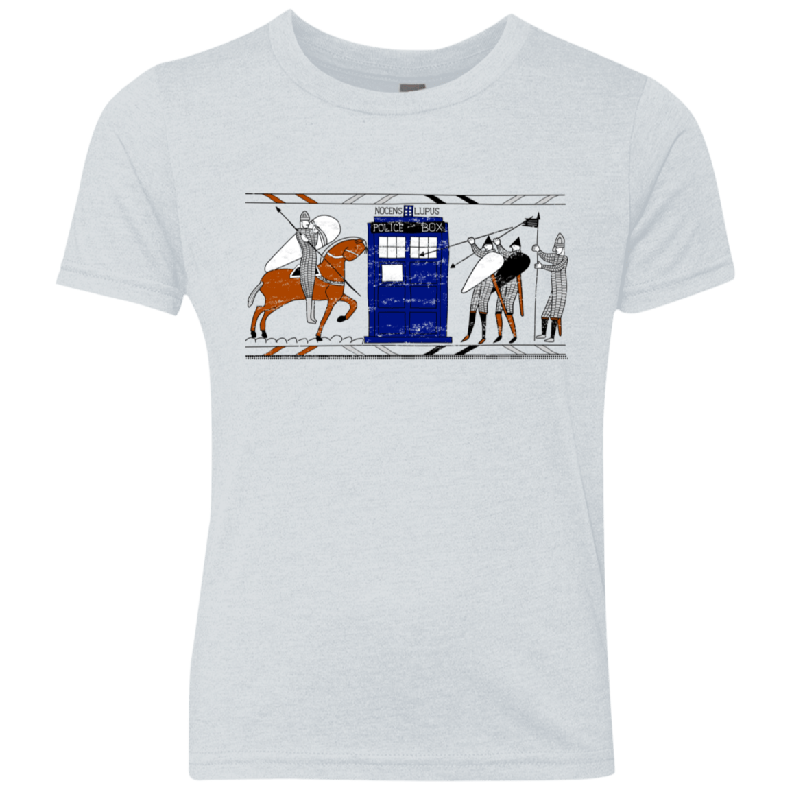 T-Shirts Heather White / YXS Nocens Lupus Tardis in the Bayeux Tapestry Youth Triblend T-Shirt