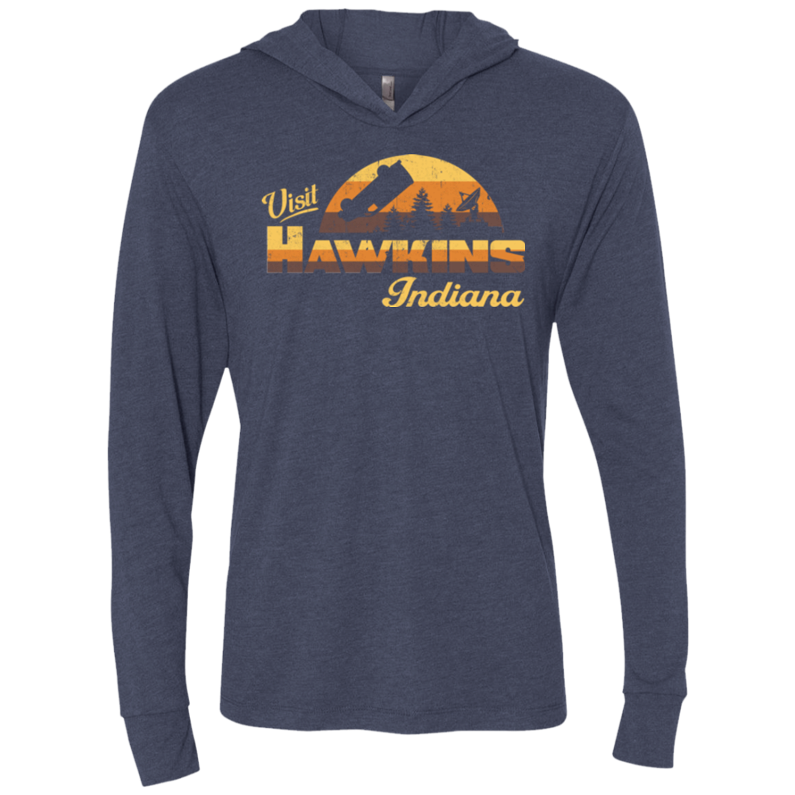 Visit Hawkins Triblend Long Sleeve Hoodie Tee