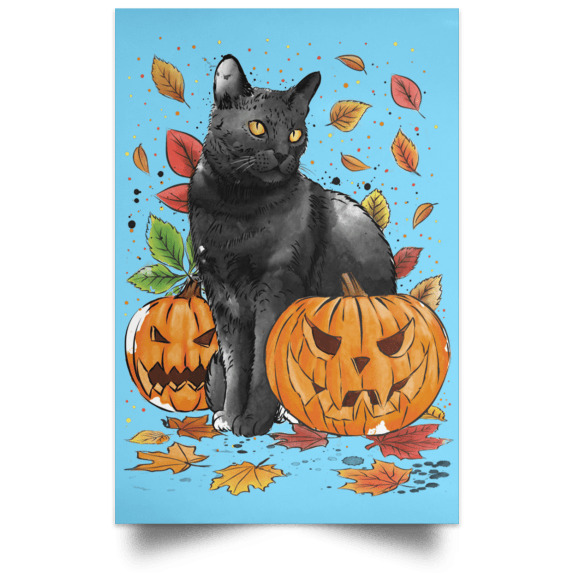 Housewares Columbia Blue / 12" x 18" Cat Leaves and Pumpkins Portrait Poster