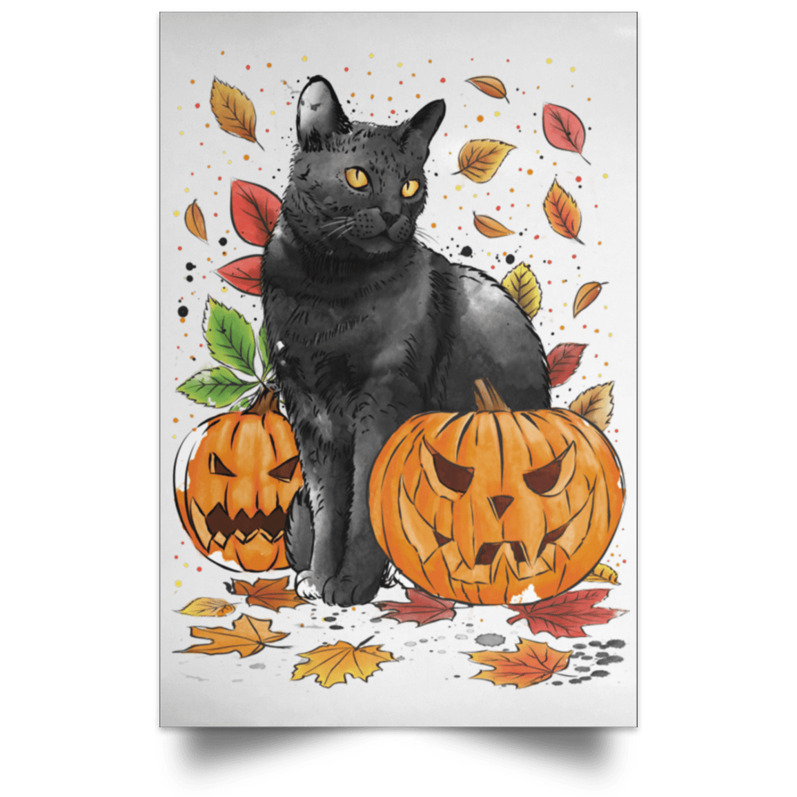 Housewares White / 12" x 18" Cat Leaves and Pumpkins Portrait Poster