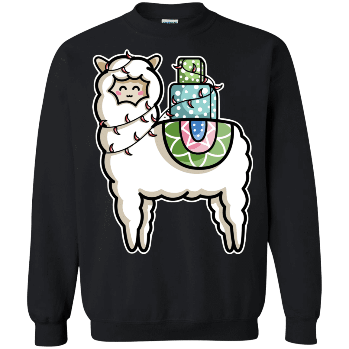 Sweatshirts Black / S Kawaii Cute Llama Carrying Presents Crewneck Sweatshirt