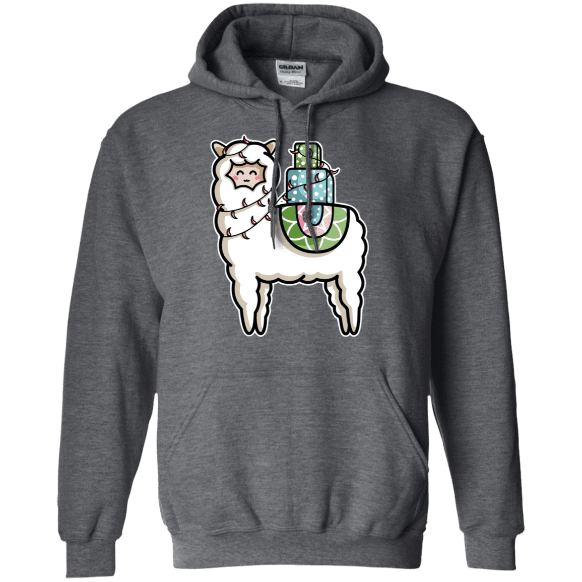 Sweatshirts Dark Heather / S Kawaii Cute Llama Carrying Presents Pullover Hoodie