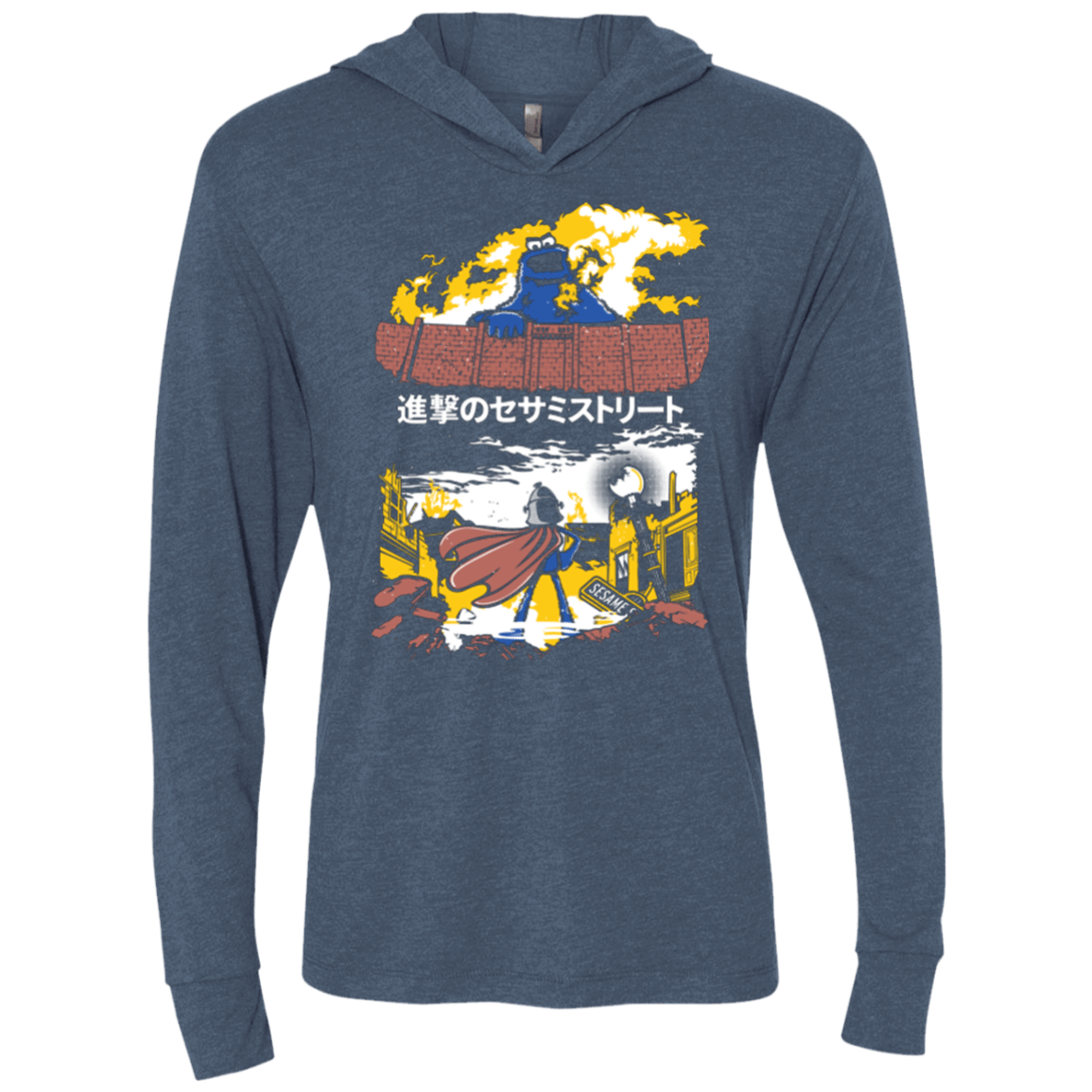 T-Shirts Indigo / X-Small Attack on Sesame Street Triblend Long Sleeve Hoodie Tee