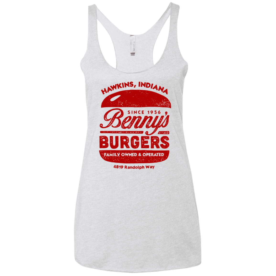 T-Shirts Heather White / X-Small Benny's Burgers Women's Triblend Racerback Tank
