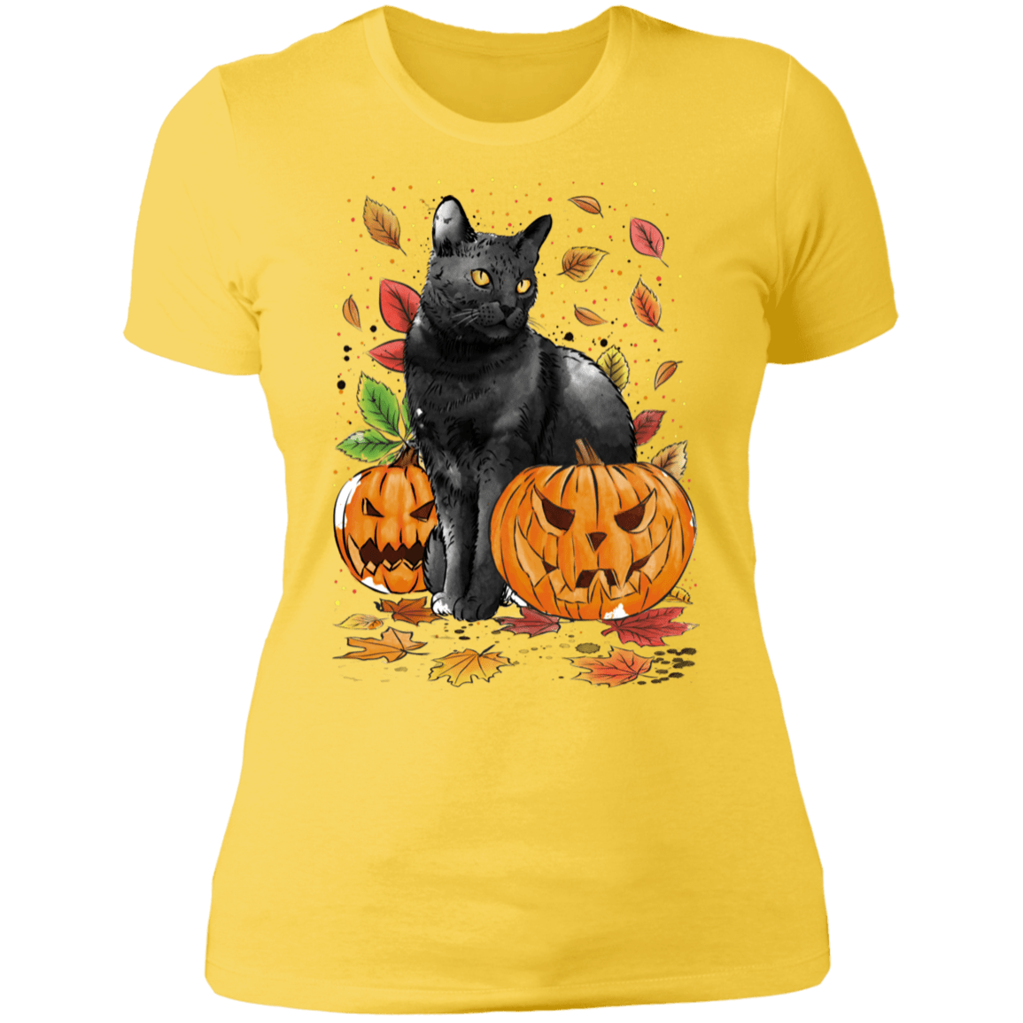 T-Shirts Vibrant Yellow / S Cat Leaves and Pumpkins Women's Premium T-Shirt