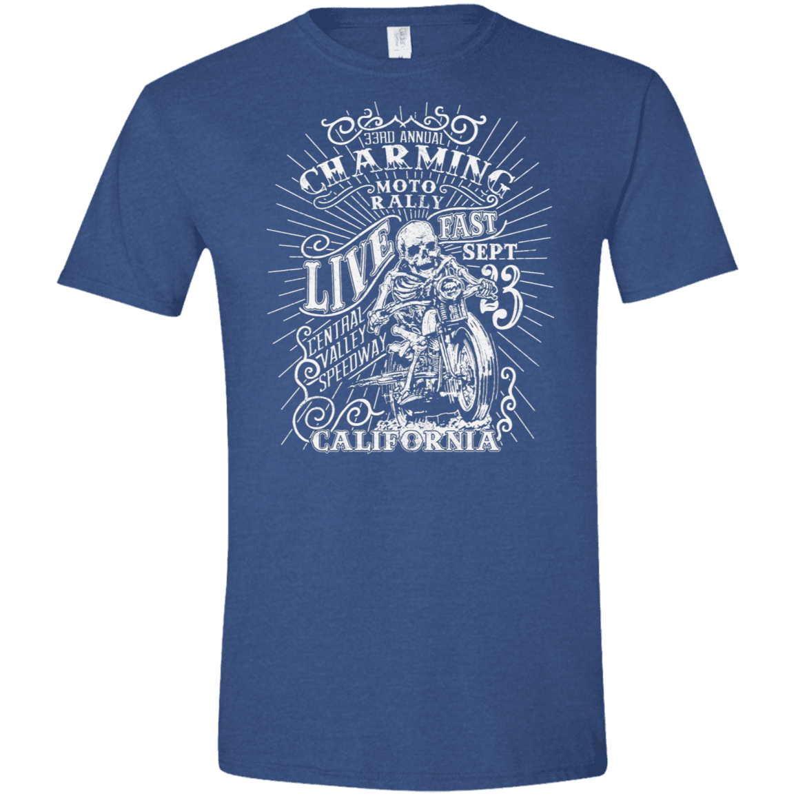 T-Shirts Heather Royal / X-Small Charming Moto Rally Men's Semi-Fitted Softstyle