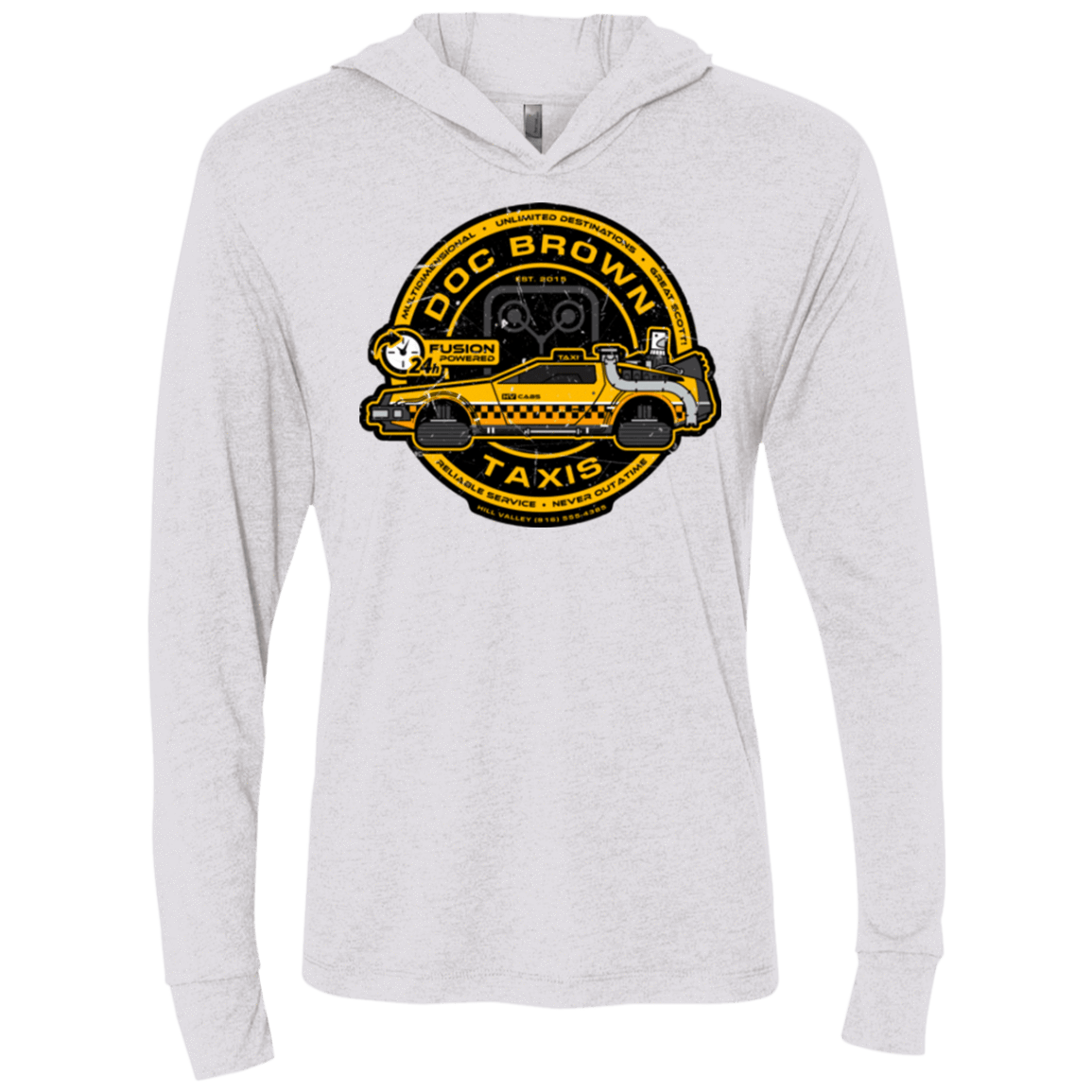T-Shirts Heather White / X-Small Doc Brown Taxis Triblend Long Sleeve Hoodie Tee