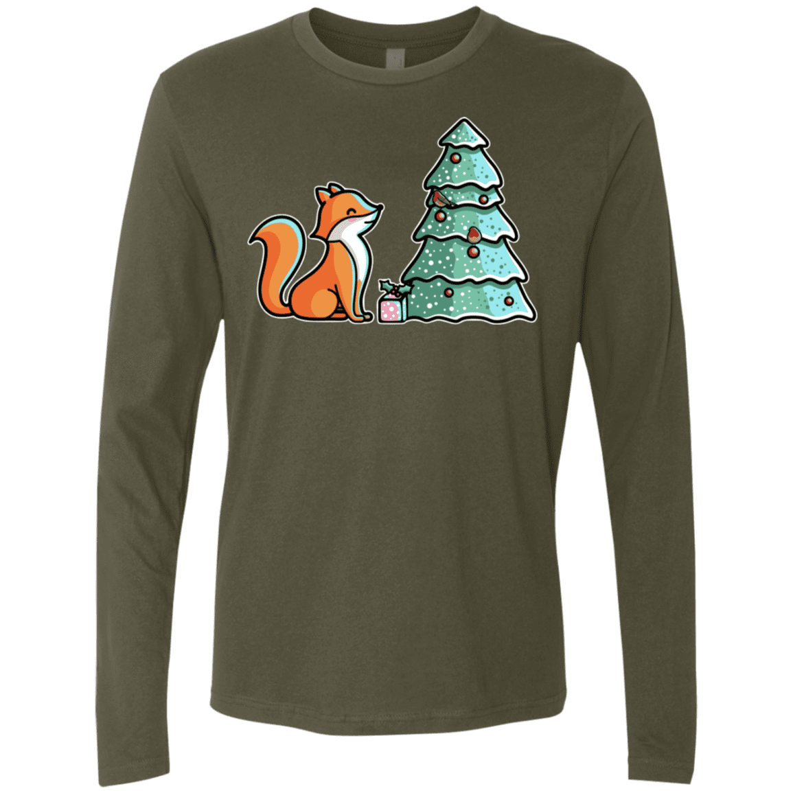 T-Shirts Military Green / S Kawaii Cute Christmas Fox Men's Premium Long Sleeve