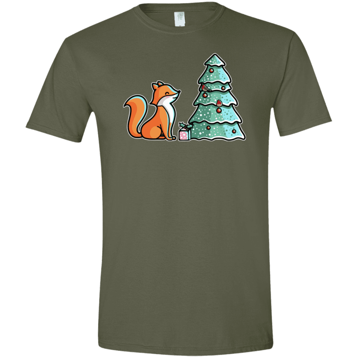 T-Shirts Military Green / S Kawaii Cute Christmas Fox Men's Semi-Fitted Softstyle