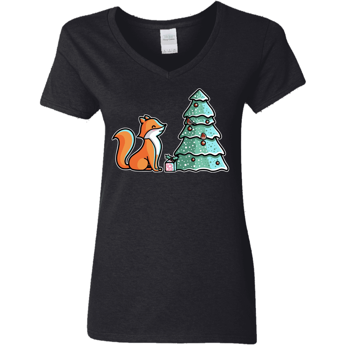T-Shirts Black / S Kawaii Cute Christmas Fox Women's V-Neck T-Shirt