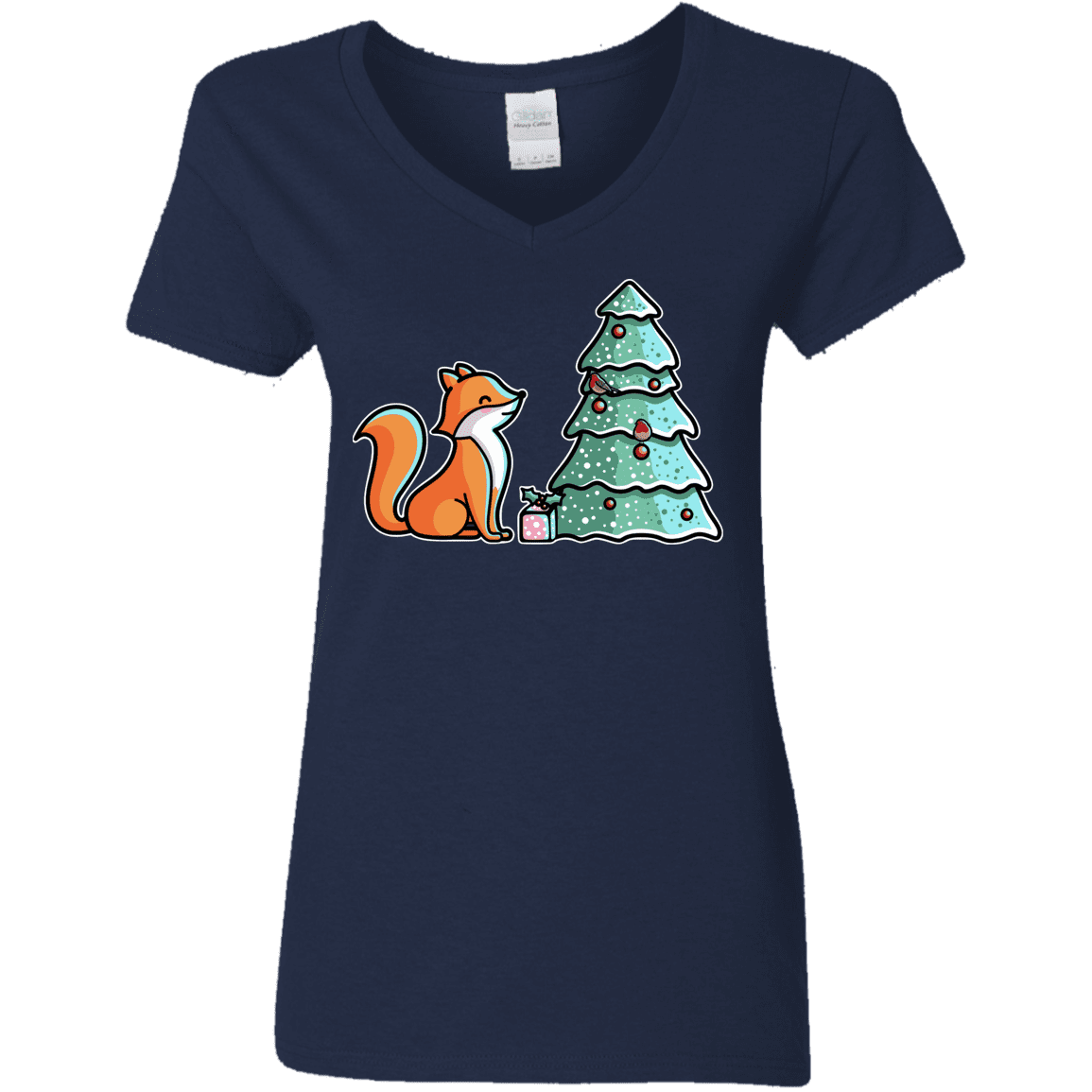 T-Shirts Navy / S Kawaii Cute Christmas Fox Women's V-Neck T-Shirt