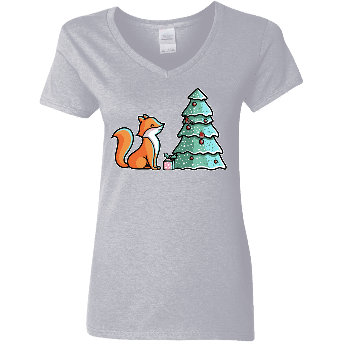 T-Shirts Sport Grey / S Kawaii Cute Christmas Fox Women's V-Neck T-Shirt