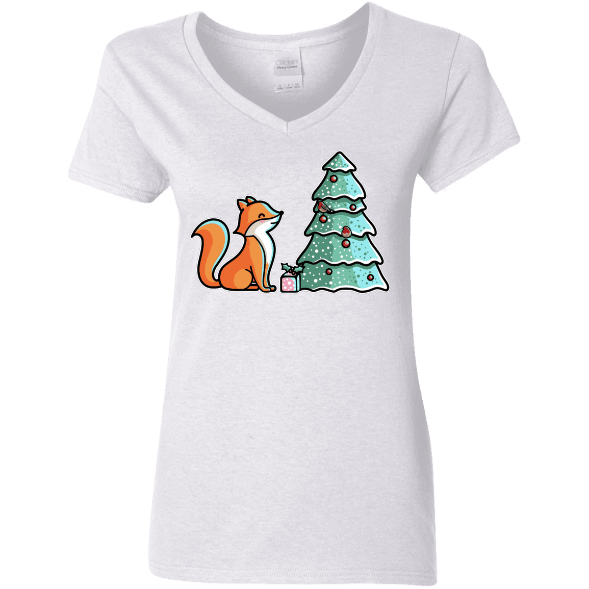 T-Shirts White / S Kawaii Cute Christmas Fox Women's V-Neck T-Shirt