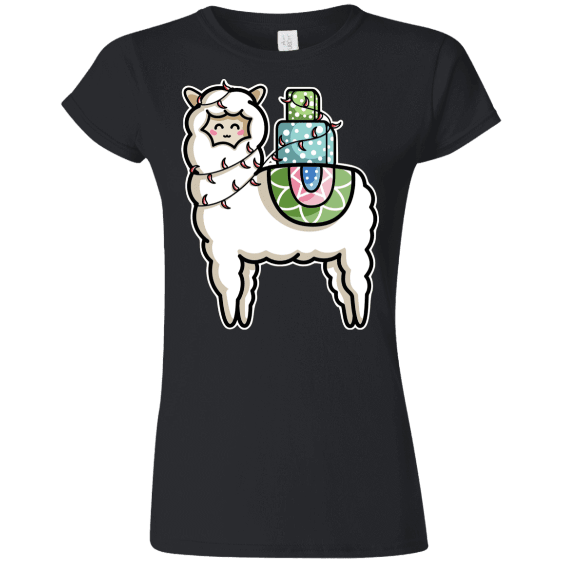 T-Shirts Black / S Kawaii Cute Llama Carrying Presents Junior Slimmer-Fit T-Shirt