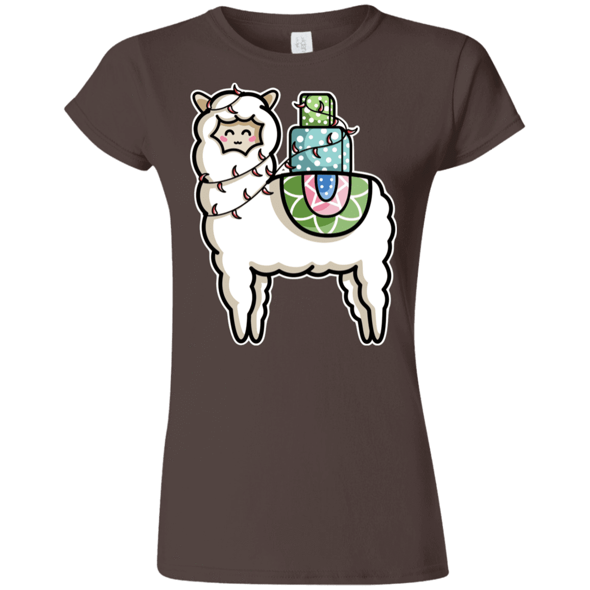 T-Shirts Dark Chocolate / S Kawaii Cute Llama Carrying Presents Junior Slimmer-Fit T-Shirt
