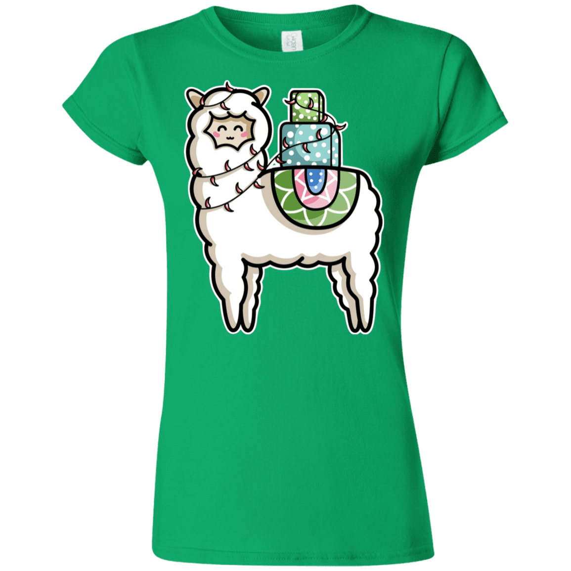 T-Shirts Irish Green / S Kawaii Cute Llama Carrying Presents Junior Slimmer-Fit T-Shirt