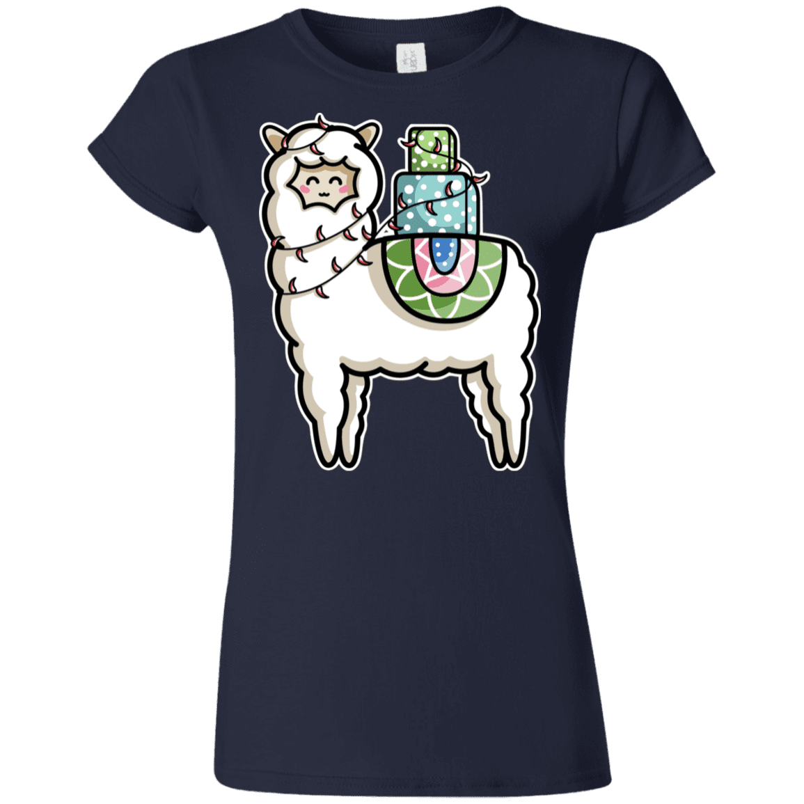 T-Shirts Navy / S Kawaii Cute Llama Carrying Presents Junior Slimmer-Fit T-Shirt