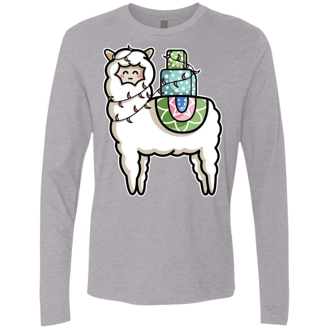 T-Shirts Heather Grey / S Kawaii Cute Llama Carrying Presents Men's Premium Long Sleeve