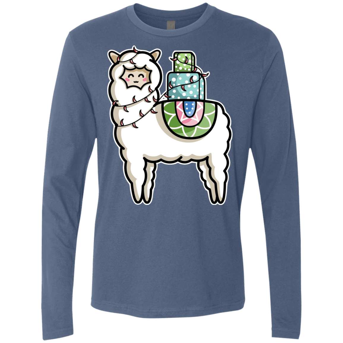 T-Shirts Indigo / S Kawaii Cute Llama Carrying Presents Men's Premium Long Sleeve