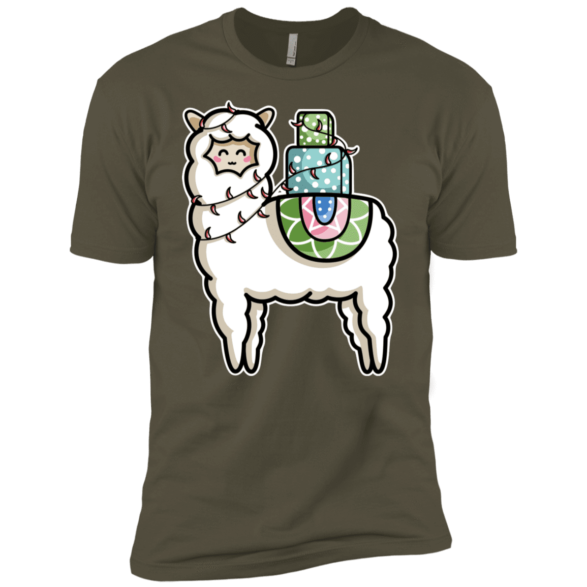 T-Shirts Military Green / X-Small Kawaii Cute Llama Carrying Presents Men's Premium T-Shirt
