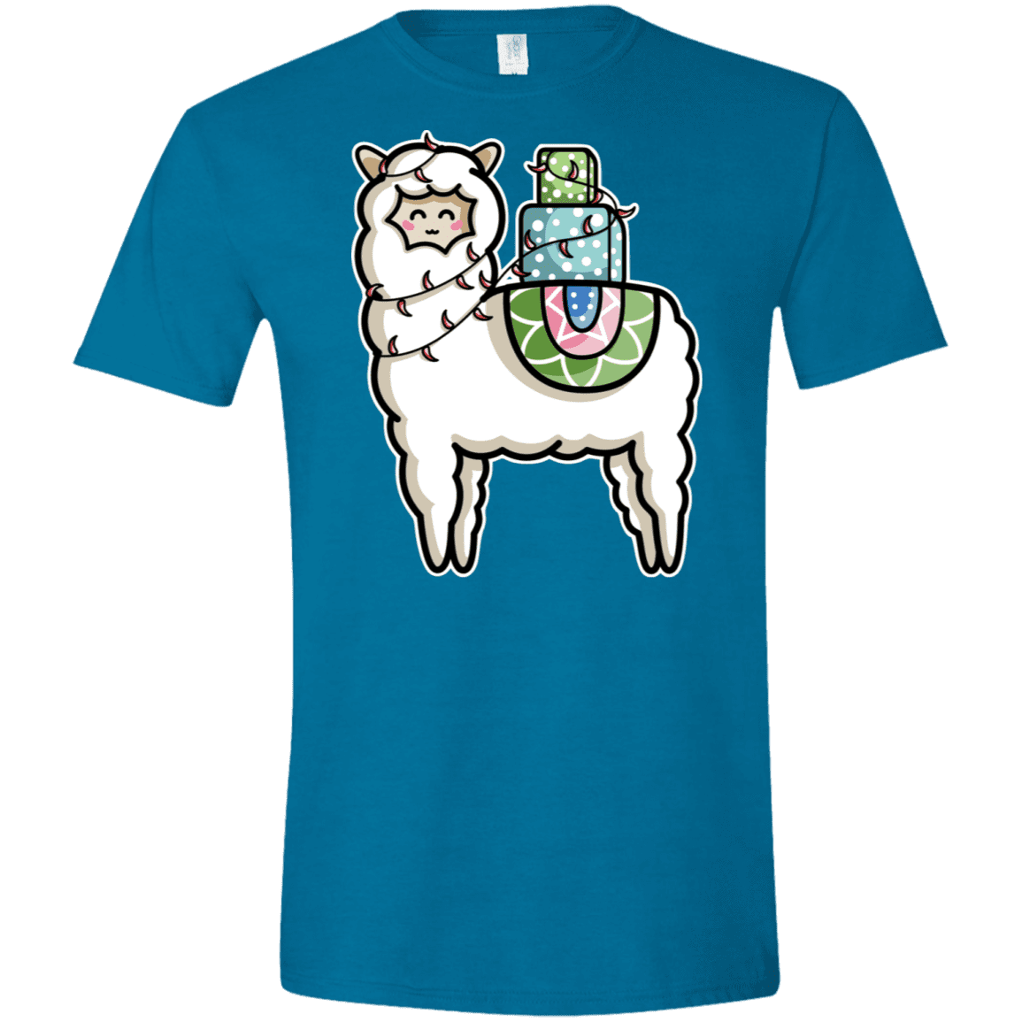 T-Shirts Antique Sapphire / S Kawaii Cute Llama Carrying Presents Men's Semi-Fitted Softstyle