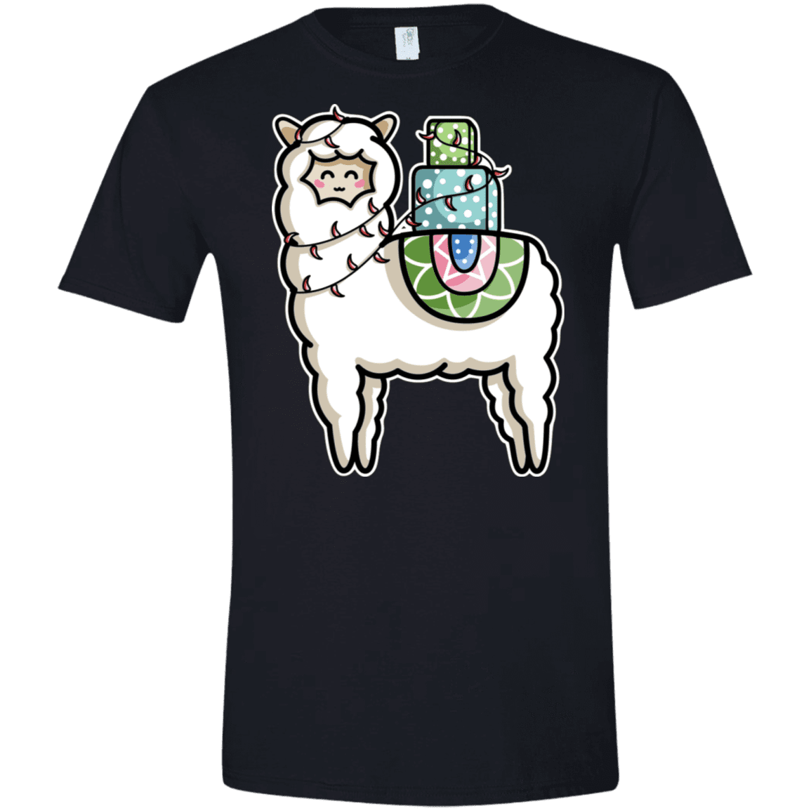 T-Shirts Black / X-Small Kawaii Cute Llama Carrying Presents Men's Semi-Fitted Softstyle