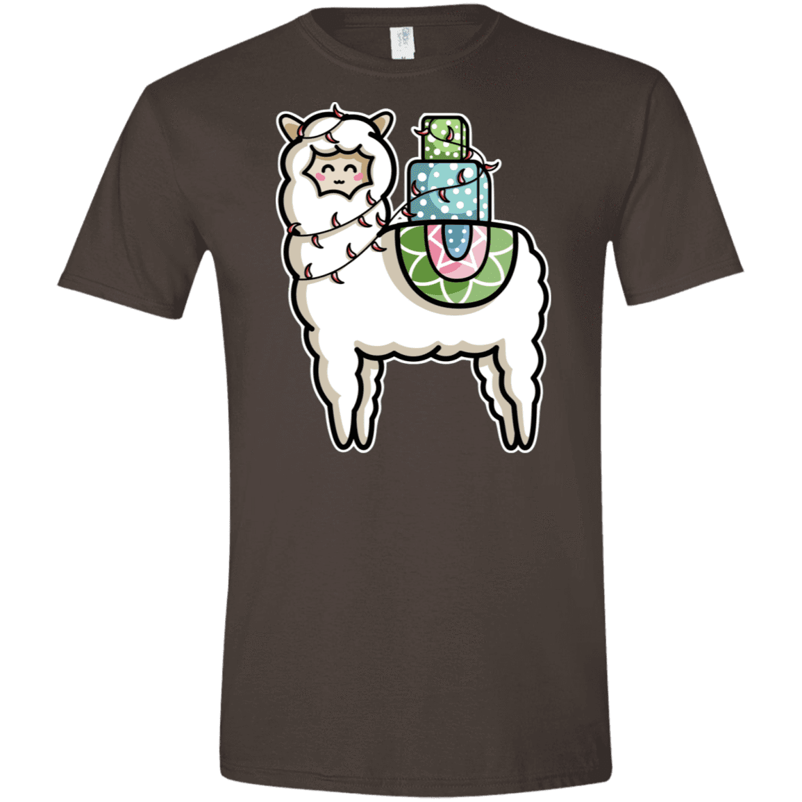 T-Shirts Dark Chocolate / S Kawaii Cute Llama Carrying Presents Men's Semi-Fitted Softstyle