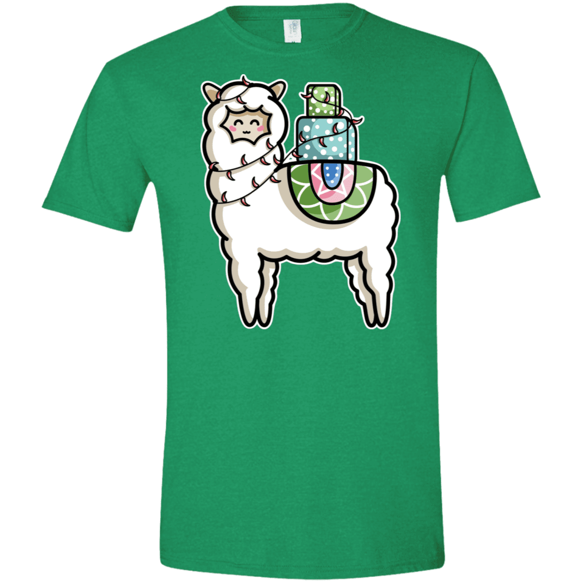 T-Shirts Heather Irish Green / M Kawaii Cute Llama Carrying Presents Men's Semi-Fitted Softstyle