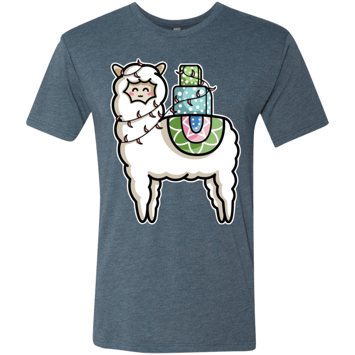 T-Shirts Indigo / S Kawaii Cute Llama Carrying Presents Men's Triblend T-Shirt