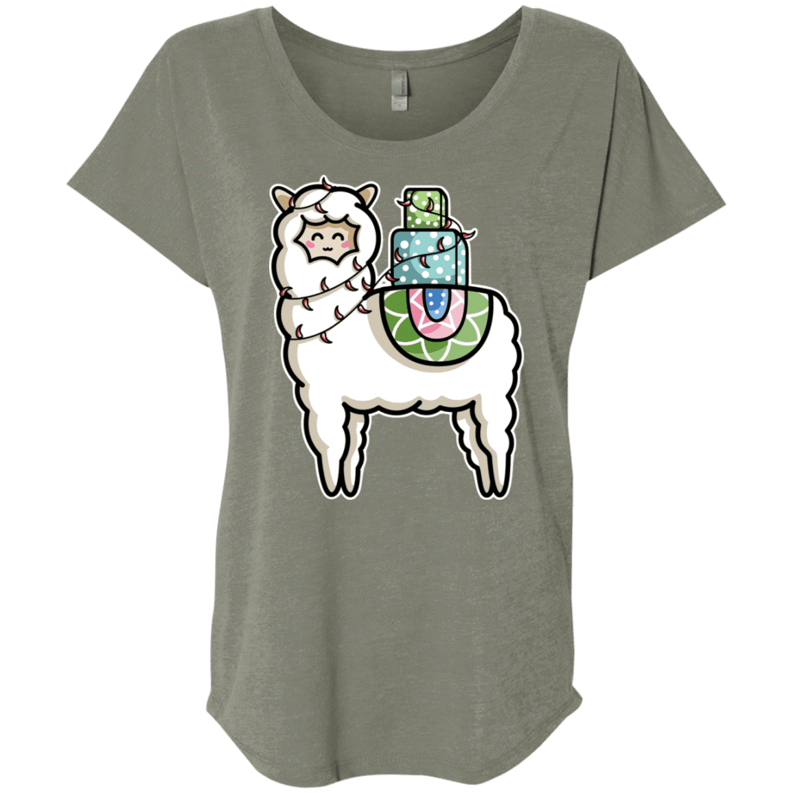 T-Shirts Venetian Grey / X-Small Kawaii Cute Llama Carrying Presents Triblend Dolman Sleeve