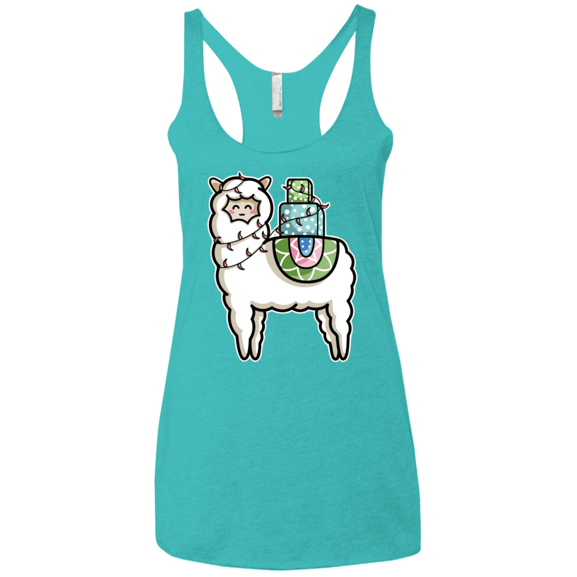 T-Shirts Tahiti Blue / X-Small Kawaii Cute Llama Carrying Presents Women's Triblend Racerback Tank