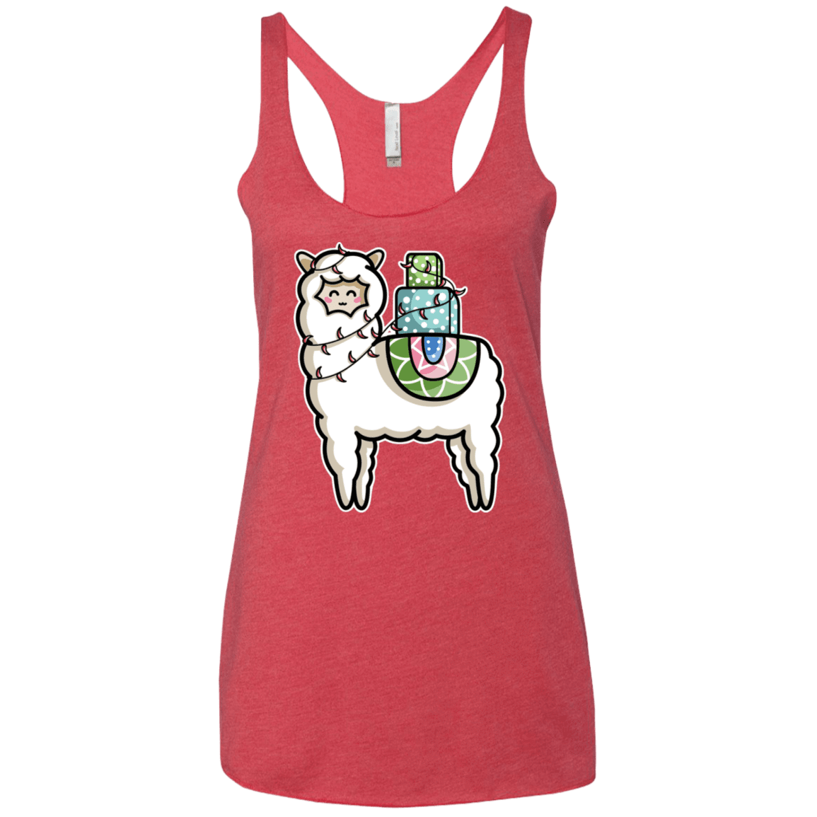 T-Shirts Vintage Red / X-Small Kawaii Cute Llama Carrying Presents Women's Triblend Racerback Tank