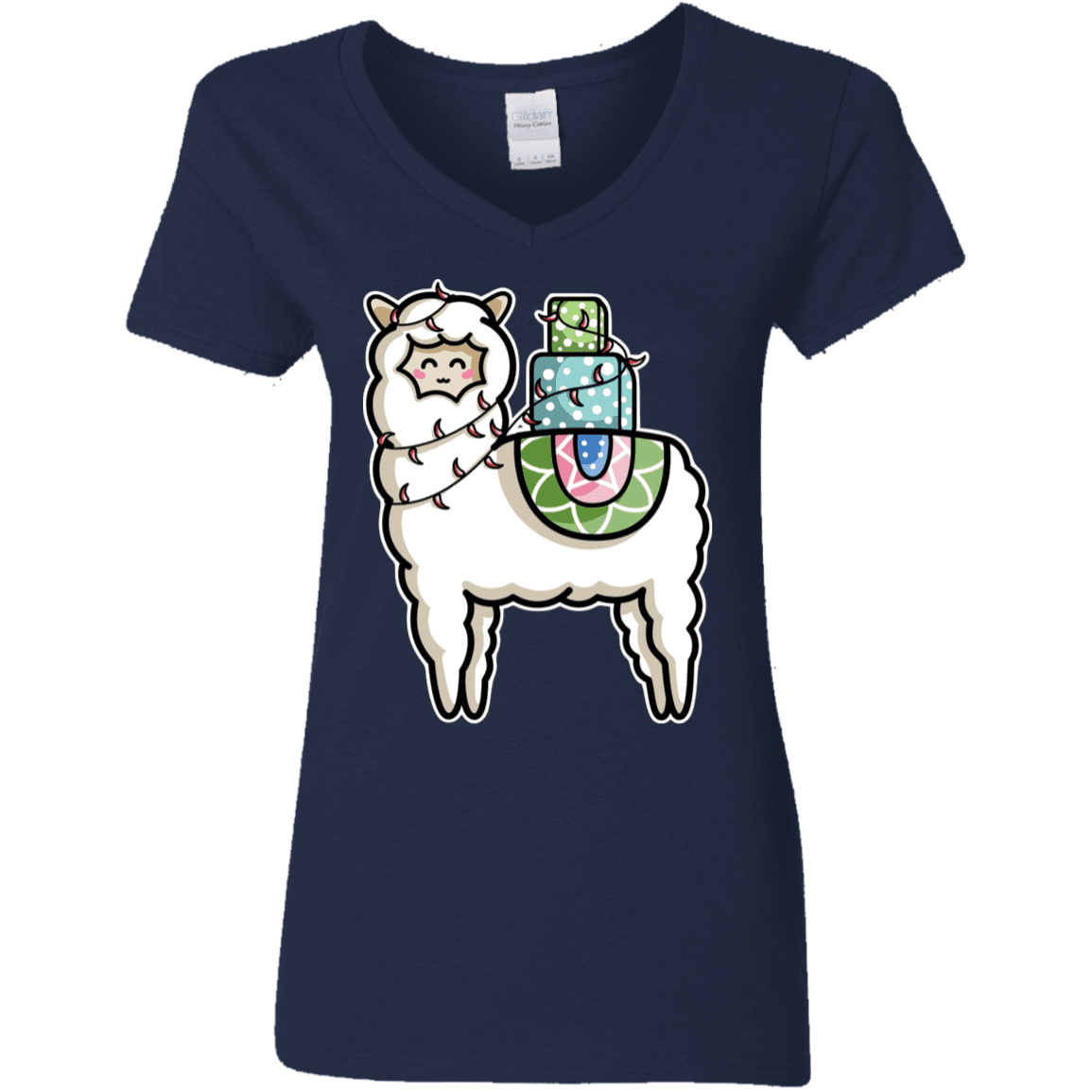T-Shirts Navy / S Kawaii Cute Llama Carrying Presents Women's V-Neck T-Shirt