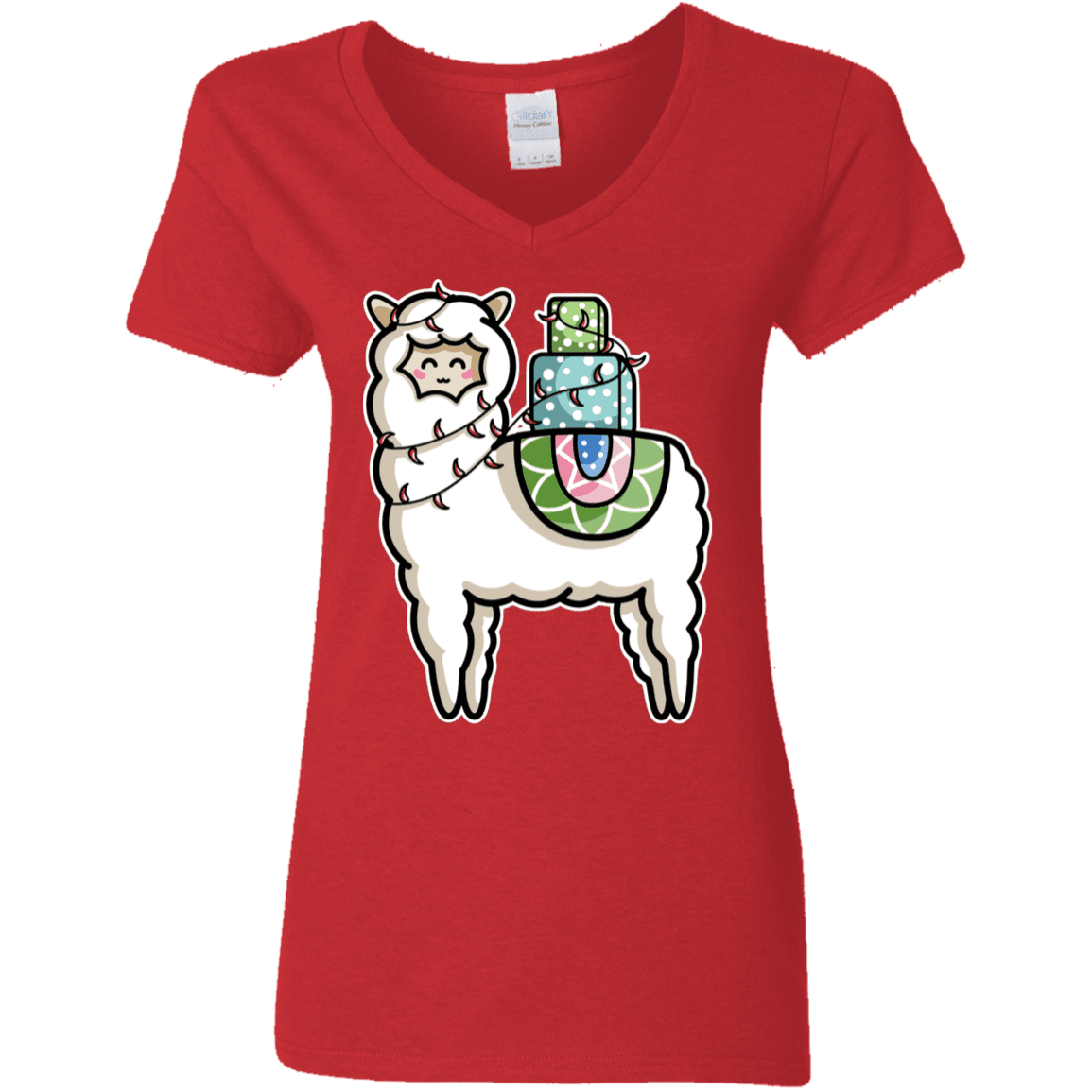 T-Shirts Red / S Kawaii Cute Llama Carrying Presents Women's V-Neck T-Shirt