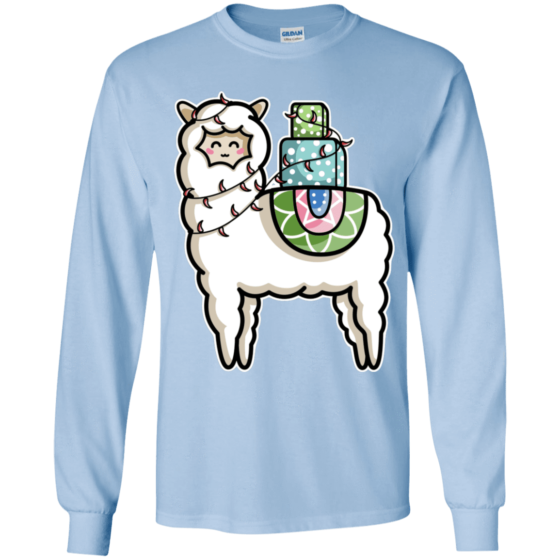 T-Shirts Light Blue / YS Kawaii Cute Llama Carrying Presents Youth Long Sleeve T-Shirt