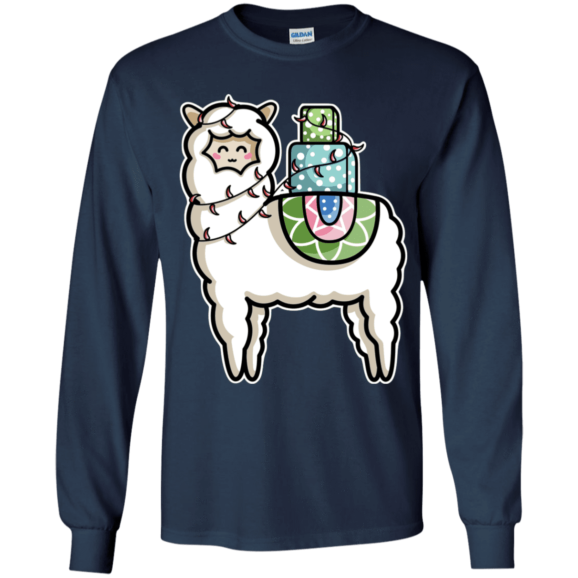 T-Shirts Navy / YS Kawaii Cute Llama Carrying Presents Youth Long Sleeve T-Shirt