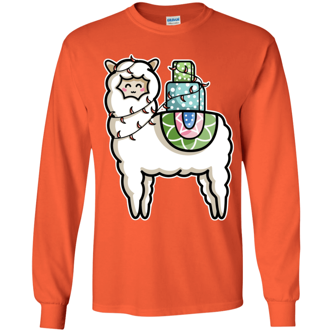 T-Shirts Orange / YS Kawaii Cute Llama Carrying Presents Youth Long Sleeve T-Shirt
