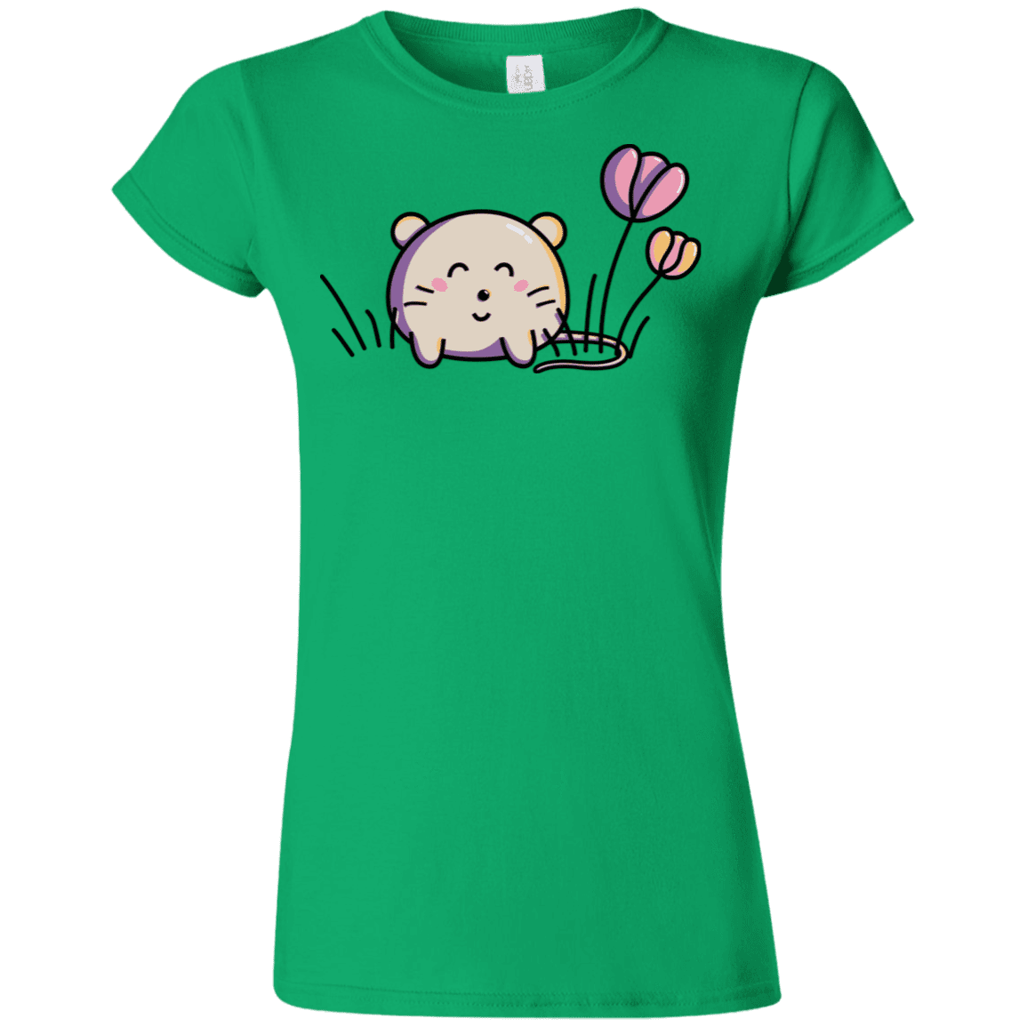 T-Shirts Irish Green / S Kawaii Mouse and Tulips Junior Slimmer-Fit T-Shirt