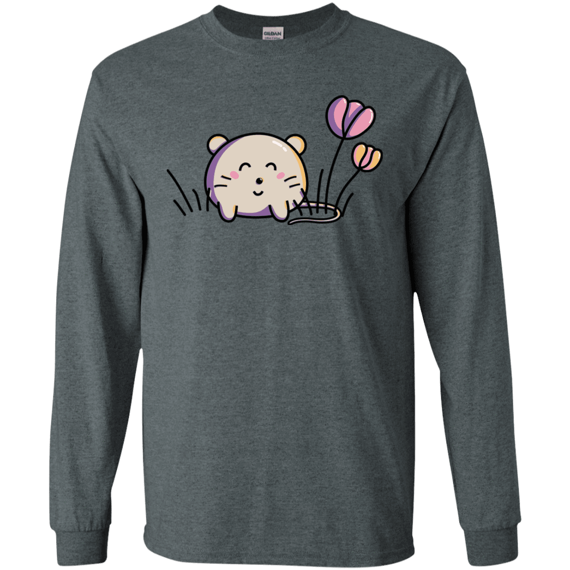 T-Shirts Dark Heather / S Kawaii Mouse and Tulips Men's Long Sleeve T-Shirt