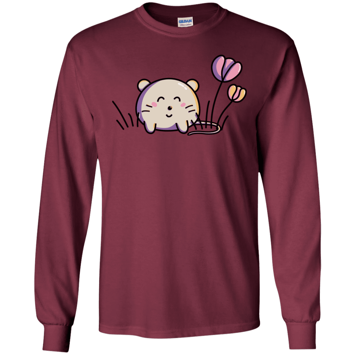 T-Shirts Maroon / S Kawaii Mouse and Tulips Men's Long Sleeve T-Shirt