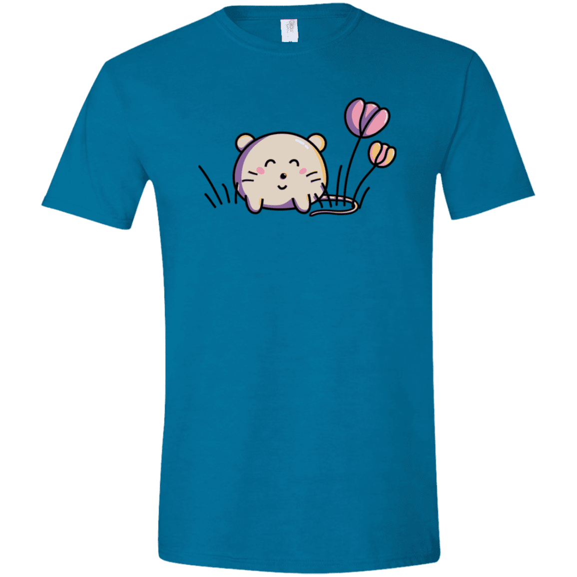 T-Shirts Antique Sapphire / S Kawaii Mouse and Tulips Men's Semi-Fitted Softstyle