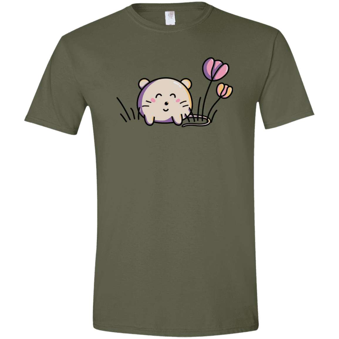 T-Shirts Military Green / S Kawaii Mouse and Tulips Men's Semi-Fitted Softstyle