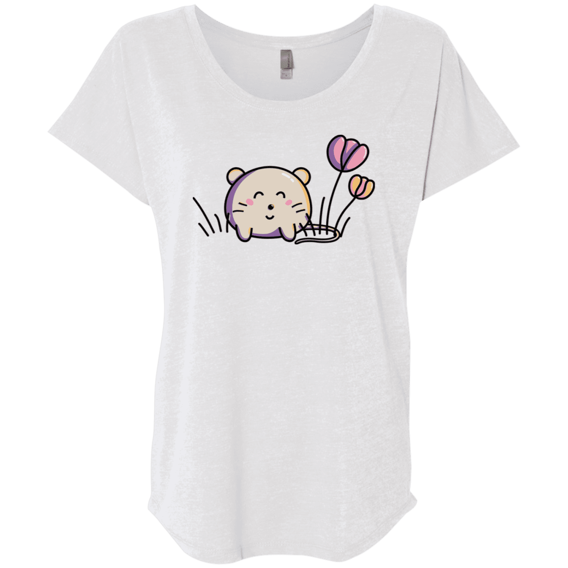 T-Shirts Heather White / X-Small Kawaii Mouse and Tulips Triblend Dolman Sleeve
